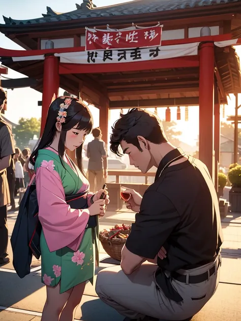 A family consisting of a couple and a , enjoying a Japanese festival 