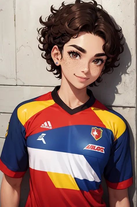 A man , Brown eyes , short curly hair, thick eyebrows , she has freckles on her face , wear the shirt of the Venezuelan soccer team of 2024 , smile ,He is posing against a wall