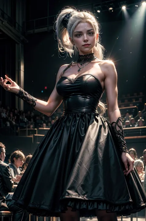 (masterpiece, best quality:1.2), cowboy shot, dynamic pose,  weissvale, smile, closed mouth,  long white hair, side ponytail, scar above eye, scar below eye, black dress,  jewelry, necklace, earrings, future_urban, standing in theater, microphone, orchestr...