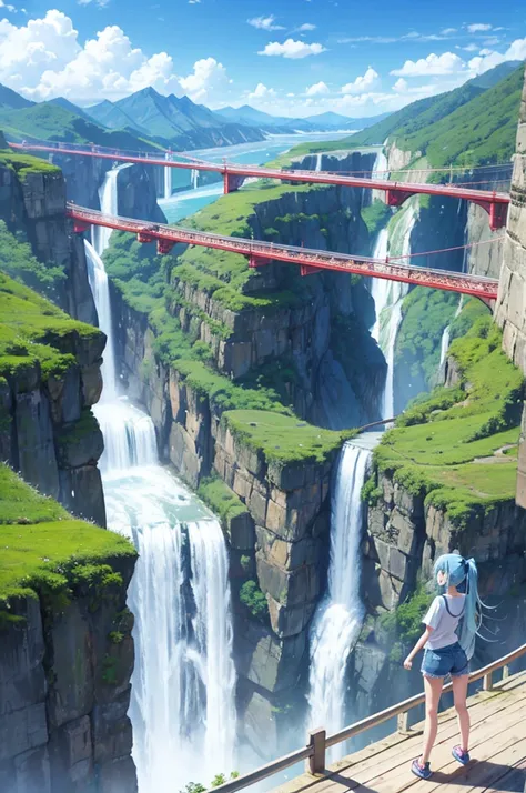 Light blue long hair、Beautiful girl with twin tails、Bright smile、T-Shirts、Denim shorts、A large suspension bridge spanning a valley、A stream flowing through the valley from the bridge、Beautiful scenery、blue sky