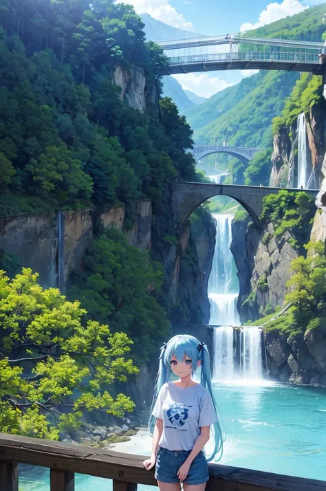 Light blue long hair、Beautiful girl with twin tails、Bright smile、T-Shirts、Denim shorts、A large suspension bridge spanning a valley、A stream flowing through the valley from the bridge、Beautiful scenery、blue sky