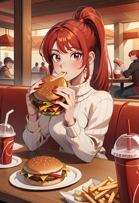 food, burger, restaurant, cup, french fries, red hair, long hair, pov across table, holding, eating, disposable cup, red nails, ...