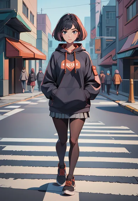 th3t4styl3,black hair, pantyhose, hood, outdoors, 1girl, street, looking at viewer, road, hoodie, hand in pocket, black hoodie, full body, shoes, closed mouth, black pantyhose, building, solo, city, hood down, standing, black footwear, alley, long sleeves,...