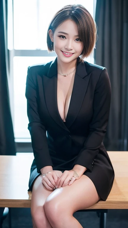 Very detailedな CG Unity 8k 壁紙, Highest quality, Very detailed, masterpiece, Realistic, Realistic写真, Very detailedな美しい女の子, Age 25 , （office lady）,  smile , Round eyes, Small breasts , The audience is, Full Body Shot  , Stylish Meeting Rooms   ,  Brown short...