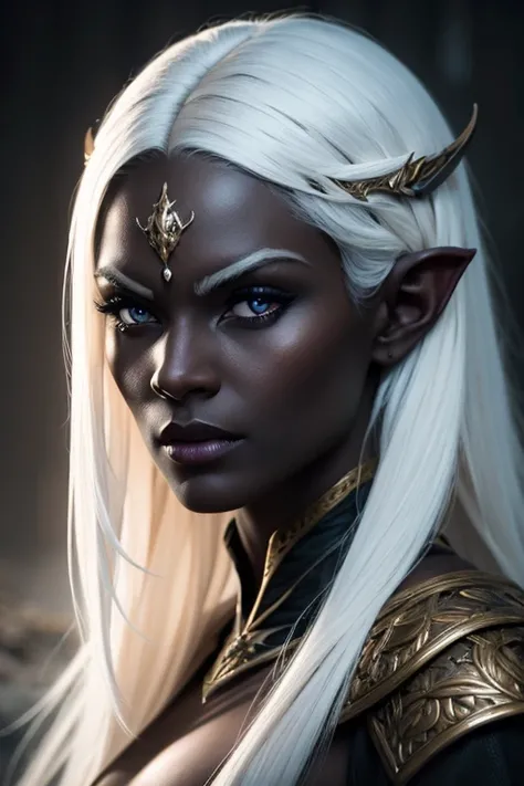 a beautiful dark elf woman, drow, with dark gray skin and long white hair, detailed and intricate facial features, Porcelain Skin, impressive eyes, fleshy lips, slender figure, Ranger clothing, dramatic lighting, fantasy dramatic scene, dark and moody atmo...