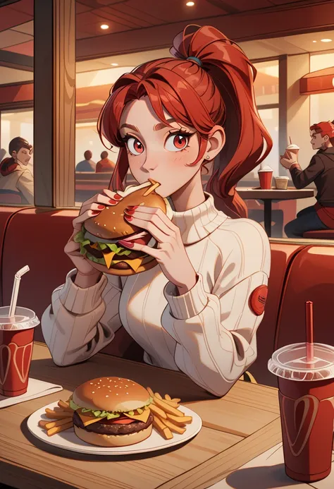 th3t4styl3, food, burger, restaurant, cup, french fries, red hair, long hair, pov across table, holding, eating, disposable cup,...