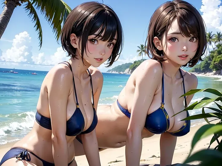 ((highest quality, masterpiece, High resolution)), ((reality)),Photos of beautiful Japanese women,((anime art))、 (((1 girl))), normal size breasts, slim body shape,  medium short hair, double eyelid, Wet see-through micro bikini,  A pareo with bold ethnic ...