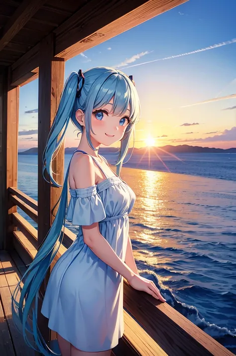 Light blue long hair、Beautiful girl with twin tails、Bright smile、From a long suspension bridge overlooking the sea、Looking out to sea with the sun setting over the ocean in the background、