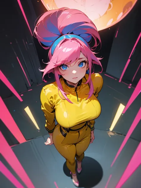 mature woman inside a server being viewed through a hud with information, facefocus,  big pink hair, shining blue eyes, wearing ...