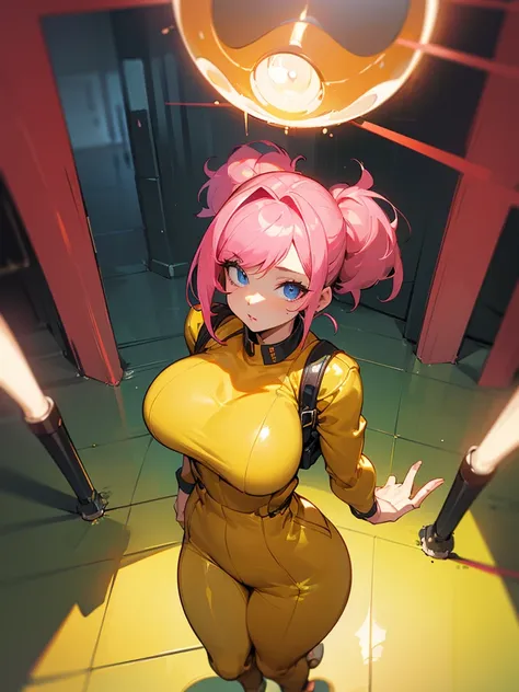 mature woman inside a server being viewed through a hud with information, facefocus,  big pink hair, shining blue eyes, wearing ...