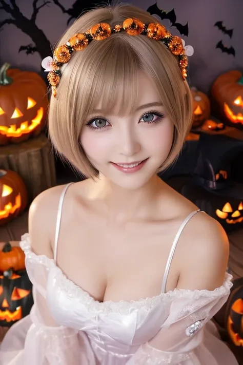 (upper body photo,a 22 year old girl, detailed cutie face, beautiful detailed eyes, detailed dropped eyes, beautiful charming smile, extremely detailed face,short hair,anime style, halloween party:2.0), colorful lights, pumpkin decorations, haunted house, ...