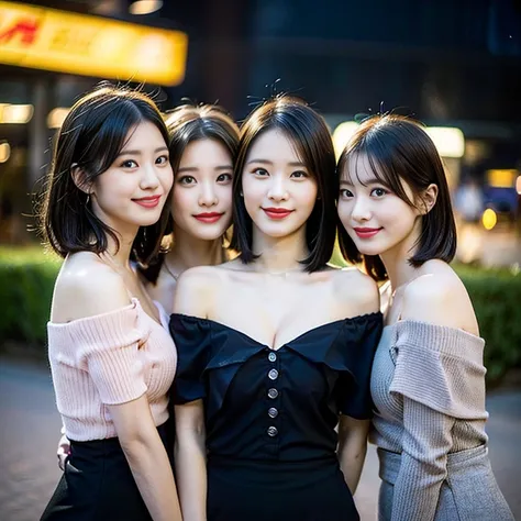 (a trio of gorgeous ladies, early 20s, at Shanghai. They are dressed in Korean chic & trendy fashion, in light-color, dark-color, peach-color, Off-Shoulder Midi Dress, pencil skirt, Button Details, feminine, random & natural pose under night sky, beautiful...