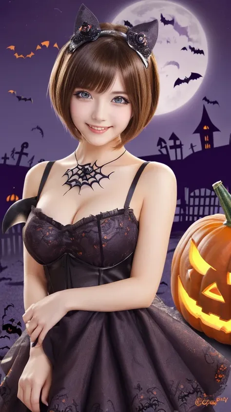 (upper body photo,a 22 year old girl, detailed cutie face, beautiful detailed eyes, detailed dropped eyes, beautiful charming smile, extremely detailed face,short hair,anime style, halloween party:2.0), colorful lights, pumpkin decorations, haunted house, ...