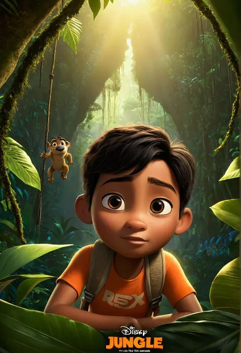 um pôster de filme inspirado na Disney pixar com o título "rescue in the jungle". The character has light brown skin, short black hair, eyes browns, na animação Disney pixar Disney Cartoon, pixar, ..3d, Disney