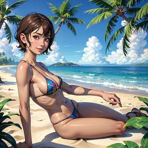 ((highest quality, masterpiece, High resolution)), ((reality)),Photos of beautiful Japanese women,((anime art))、 (((1 girl))), normal size breasts, slim body shape,  medium short hair, double eyelid, Wet see-through micro bikini,  A pareo with bold ethnic ...