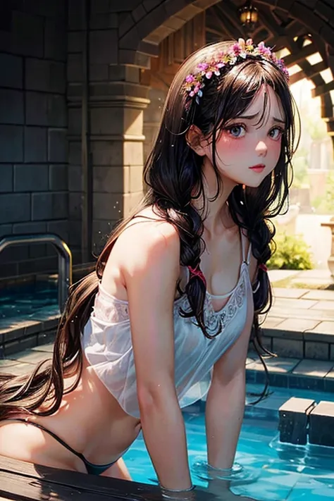 1woman, Brunetette, blackquality hair, long braided hair, rapunzel, tense facial expression, tossing your hair, lush ass, see-through camisole, flower in hair, good backlighting, natta, big-ass, breastsout, chubby, In the pool, wet, standing on all fours, ...