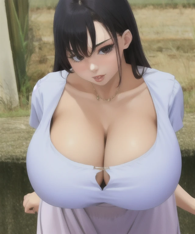 (best quality), (masterpiece), 1 girl, early 20s, huge heavy breasts, busty, massive breasts, thick, thick lips, wide hips, thin waist, downblouse, Chest visible from neckline