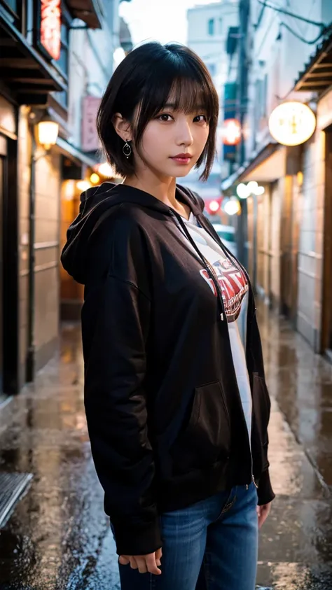 (Highest quality,masterpiece:1.3,Ultra-high resolution),(Super detailed,Caustics,8k), (Photorealistic:1.4, RAW shooting),Japanese,20-year-old,Natural brown short hair,Earrings,Natural Makeup,Red lipstick,Black hoodie,jeans,Rainy Sky,Dim Alley,Low position,...