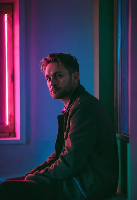 RAW photo. A single man, 30 years old, is waiting in the apartment, near the window, neon light from the street