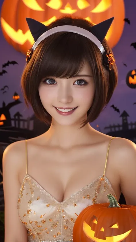 (upper body photo,a 22 year old girl, detailed cutie face, beautiful detailed eyes, detailed dropped eyes, beautiful charming smile, extremely detailed face,short hair,anime style, halloween party:2.0), colorful lights, pumpkin decorations, haunted house, ...