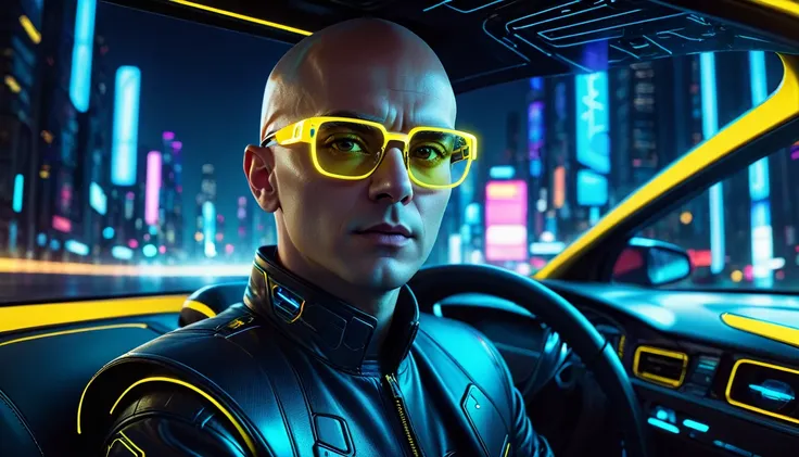 a high quality professional photo of a bald white man with yellow glasses, with a bright blue microchip behind his ear, this detail is well highlighted, driving a car at night in a futuristic setting, cinematic, front view, urban, high tech, dark atmospher...