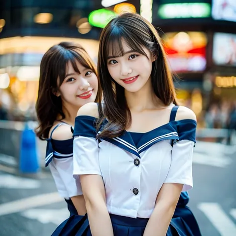 (a trio of gorgeous ladies, in their 20s, at Tokyo. They are dressed in chic & trendy fashion, serafuku, sailor uniform, JK uniform cosplay, Off-Shoulder Midi Dress, Elegant Red dress, mini-skirt, pencil skirt, Button Details, feminine, random & natural po...