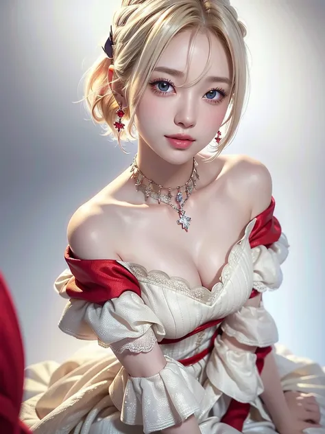 8k,Confused, High resolution, Very detailed, 1 girl, alone, Very beautiful eyes, Ultra-precise depiction, Artistic、Very detailed depiction, (Tangled:1.2), , (White high key background:1.5), (((Red off-shoulder dress 1.5))), 、 short hair、Earrings and Neckla...