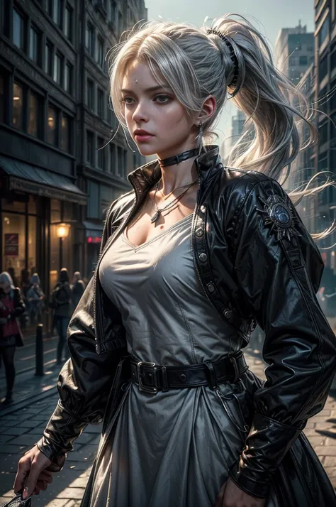 (masterpiece, best quality:1.2), cowboy shot, weissvale, expressionless, closed mouth, looking at viewer, long white hair, side ponytail, scar above eye, scar below eye, military uniform,  jewelry, necklace, earrings, in city street (future_urban, crowd, (...