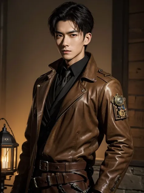 best quality, masterpiece,  1 Handsome chinese slim guy, 20 years old, short hair,  solo,  half shot, looking at viewer, detailed background, detailed face, (bronzepunkai, bronze theme:1.1), steampunk weapons engineer, relaxed countenance, ingenious, weari...