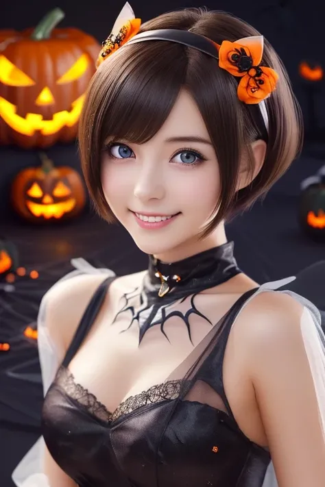 (upper body photo,a 22 year old girl, detailed cutie face, beautiful detailed eyes, detailed dropped eyes, beautiful charming smile, extremely detailed face,short hair,anime style, halloween party:2.0), colorful lights, pumpkin decorations, haunted house, ...