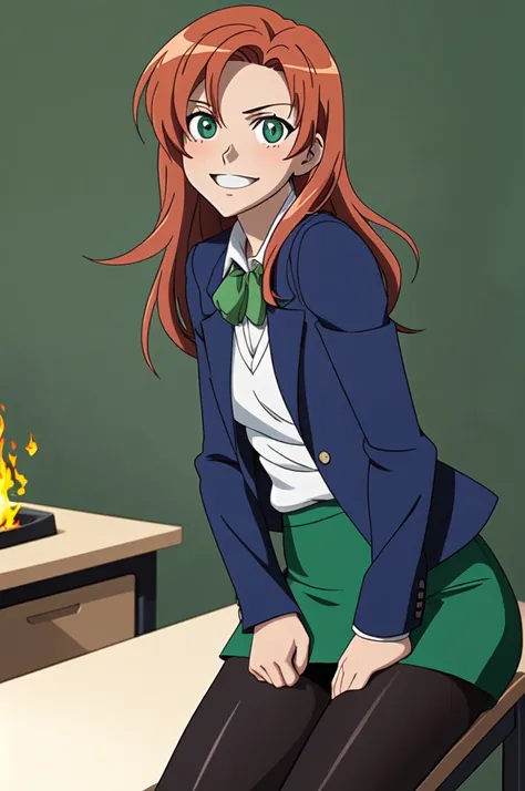 a girl with fire-engine-red hair and green eyes seated leaning forward on a desk wearing a  with blue blazer grey miniskirt,  pantyhose, green bow, (intense red hair), (green bow), ((blue jacket)), (miniskirt pantyhouse),masterpiece, (green_eyes), detailed...