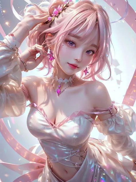 8k,Confused, High resolution, Very detailed, 1 girl, alone, Very beautiful eyes, Ultra-precise depiction, Artistic、Very detailed depiction, (Tangled:1.2), , (White high key background:1.5), (((Pink off-shoulder dress 1.5))), 、 short hair、Earrings and Neckl...