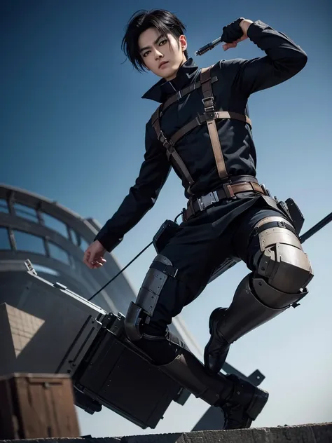 1 Handsome chinese Model　Cool 20 year old　Short black hair　slim and muscular wearing levi ackerman costume from attack on titan fighting a titan, mounted on his omnidirectional mobility gear, professional photography, perspective, depth of field