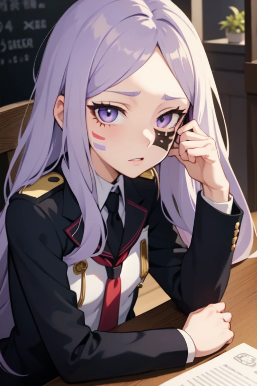 Girl in the style of boku no hero, who has long galactic hair, an eye covered by a lock of hair, lilac eyes, who has a mark on his face, with dark circles, with the Bnha uniform and sitting at a table in a room