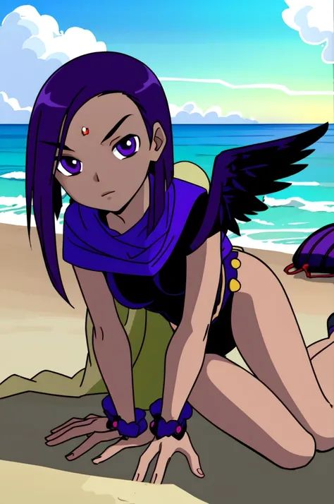 ((masterpiece)), (best quality:1.7), raven(afrocentric), teen, purple hair, purple eyes, beach party