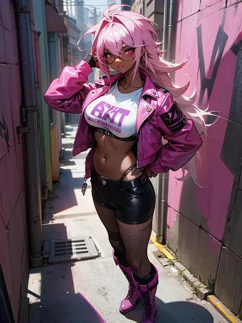 1 woman, adult, ((dark skinned woman, hair over the one eye)), sexy, naughty, pink hair, messy hair, purple eye, glasses, punk o...