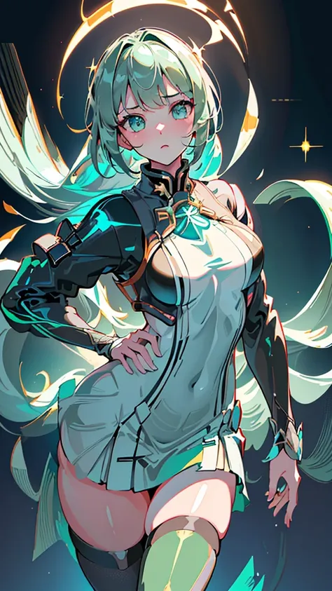 Anime, Girl, (((1girl))), (((Waifu, Xenoblade Chronicles 2, Pneuma Waifu))), Techwear, (((Seafoam Green Hair, Long Hair))), ((Seafoam Green Eyes eyes:1.3, Upturned Eyes: 1, Perfect Eyes, Beautiful Detailed Eyes, Gradient eyes: 1, Finely Detailed Beautiful ...