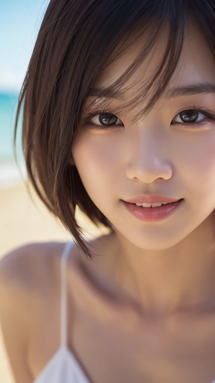 ((Highest quality)),((8K,32k)),(Genuine),Realistic photos,jp idol,k-pop idol,(detailed),(Beach),((Bust up shot)),((face closeup)),(Pale skin),off shoulder dress,Cute pattern Bikini, Smiling shyly,Shiny Hair,Layered Cut Hair,Brown Hair,Glowing Skin,Japanese...