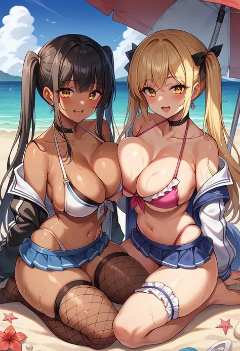 long hair, breasts, looking at viewer, blush, smile, open mouth, bangs, multiple girls, skirt, blonde hair, large breasts, black hair, thighhighs, long sleeves, ribbon, navel, 2girls, cleavage, bare shoulders, twintails, jewelry, sitting, collarbone, jacke...