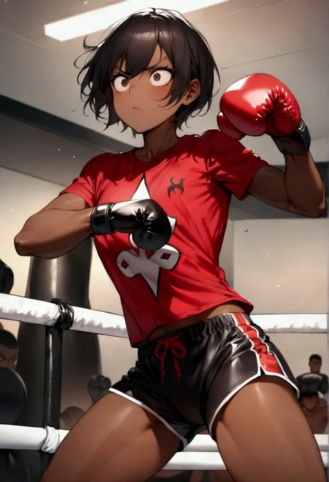 teenage boxer、short hair black hair、brown skin、Flamengo shirt and Muay Thai shorts、boxing gloves、with anxious eyes、pose de boxe、waist circumference、