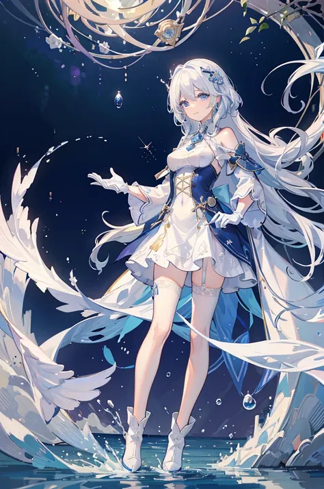 A woman with white hair and blue eyes、adult、Long, fluffy wavy hair、Braiding、Wearing hair ornaments、Smiling、Elegant and ladylike、Elegant、Princess、White gloves、Wearing a cape、White and blue dress、Wave pattern、Decorations such as roses and drops、The dress is ...