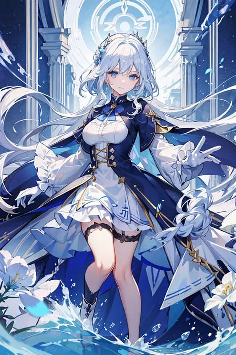 a woman with white hair and blue eyes、adult、long, fluffy wavy hair、braiding、wearing hair ornaments、smiling、elegant and ladylike、...