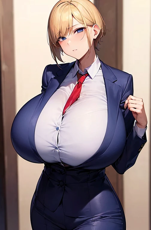 alone、((((huge breasts))))、blonde、very short hair、pixie cut、blue eyes、tight waist、student、navy blue blazer、white shirt、navy blue...