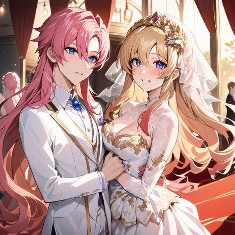 ((Highest quality)), ((masterpiece)), (detailed), （Perfect Face）、The woman, Lacus Ram Tao, is happily walking down the red carpet aisle, embraced by Orpheus, a handsome man with blue eyes, medium-long pink hair, and slightly longer blonde hair wearing a wh...