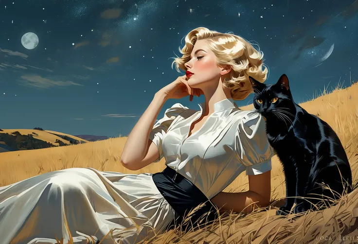 Photo of a blonde woman lying on a moonlit hill, looking at the sky and the vastness of the universe. A black cat is sitting beside her. Style by J.C. Leyendecker. Canon 5d Mark 4, Kodak Ektar, 35mm.