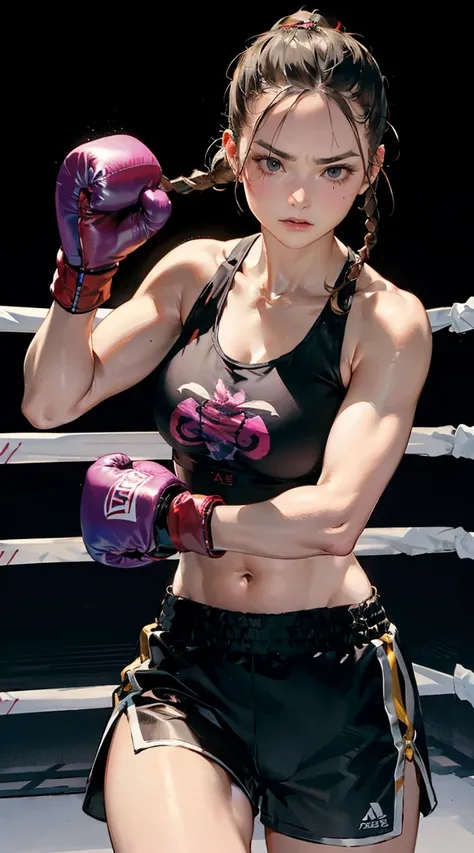 Imagine a powerful kickboxer, standing confidently in a fighting stance, with defined muscles and a determined expression. She has a lot of time, braided hair with intricate boxer braids, that add to your fierce appearance. She wears traditional purple and...