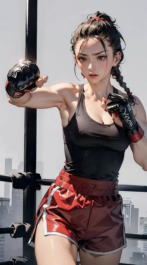 Imagine a powerful kickboxer, standing confidently in a fighting stance, with defined muscles and a determined expression. She has a lot of time, braided hair with intricate boxer braids, that add to your fierce appearance. She wears traditional purple and...