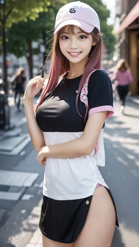 (masterpiece, best quality:1.1), (8k, raw photo, photo realistic:1.2, f22), (shiny skin), detailed skin,long pink hair,ribbon,detailed face, detailed eyes,smile,BREAK, real world, intricate details, smil, BREAK, 1girl, full body,(shortsleeve,cap,black),BRE...