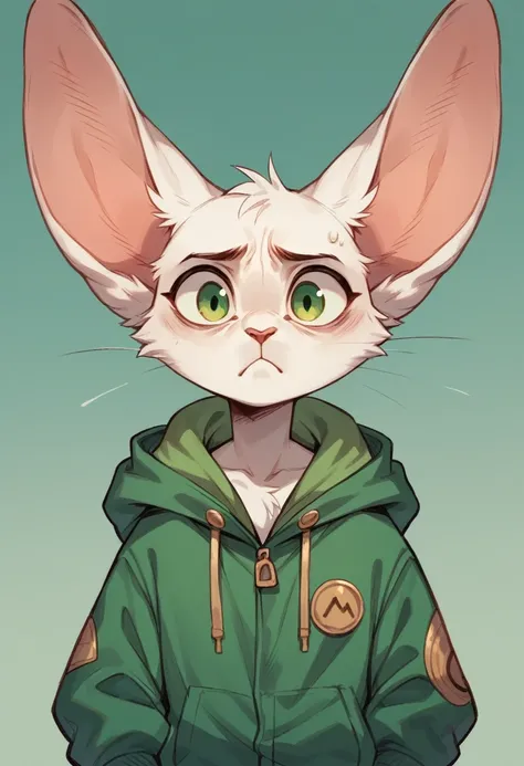 Furry, cat, white fur, green eyes, green jacket, big ears, Middle Ages , looks anxious, fullbody