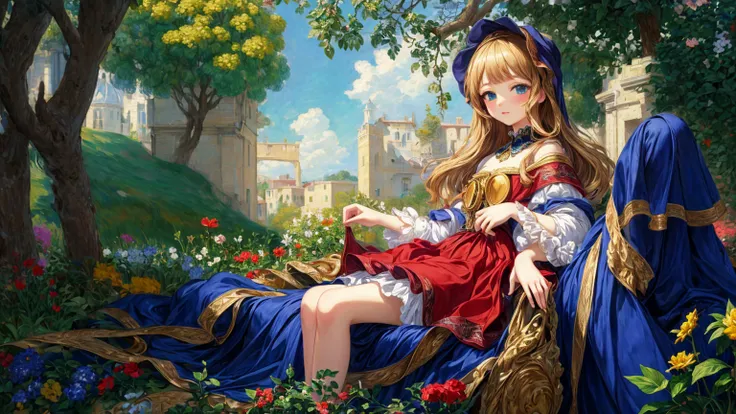 ((masterpiece, best quality, ultra detailed:1.3), official art, 4k:1)
, ((loli:1.2) lustrous skin cute anime 1girl:1.1)
, (Leonardo da Vinci Botticelli detailed drawn characters:1)
, (Vermeer Renoir style detailed clothes:1)
, (Fragonard Mucha Monet style ...